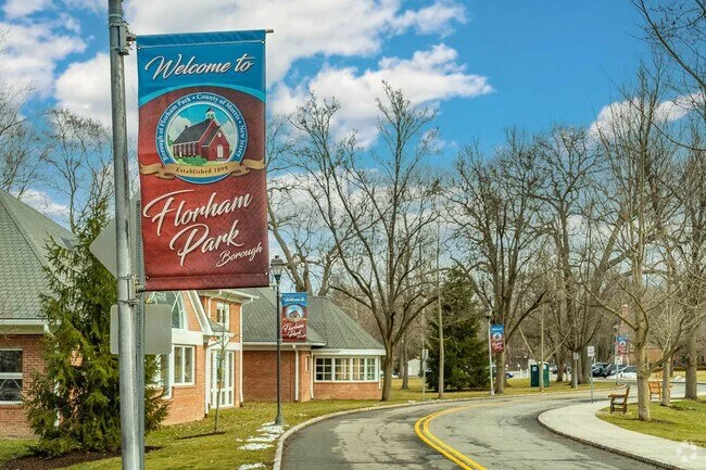 Welcome to Florham Park banners on the lampposts of a quiet street
