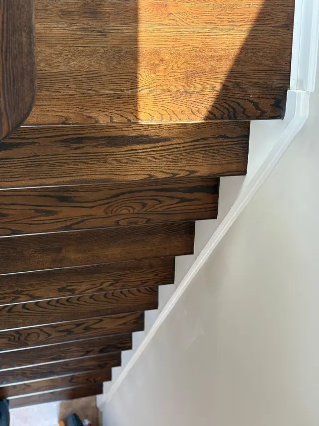 Dark-stained hardwood stairs beside a white wall