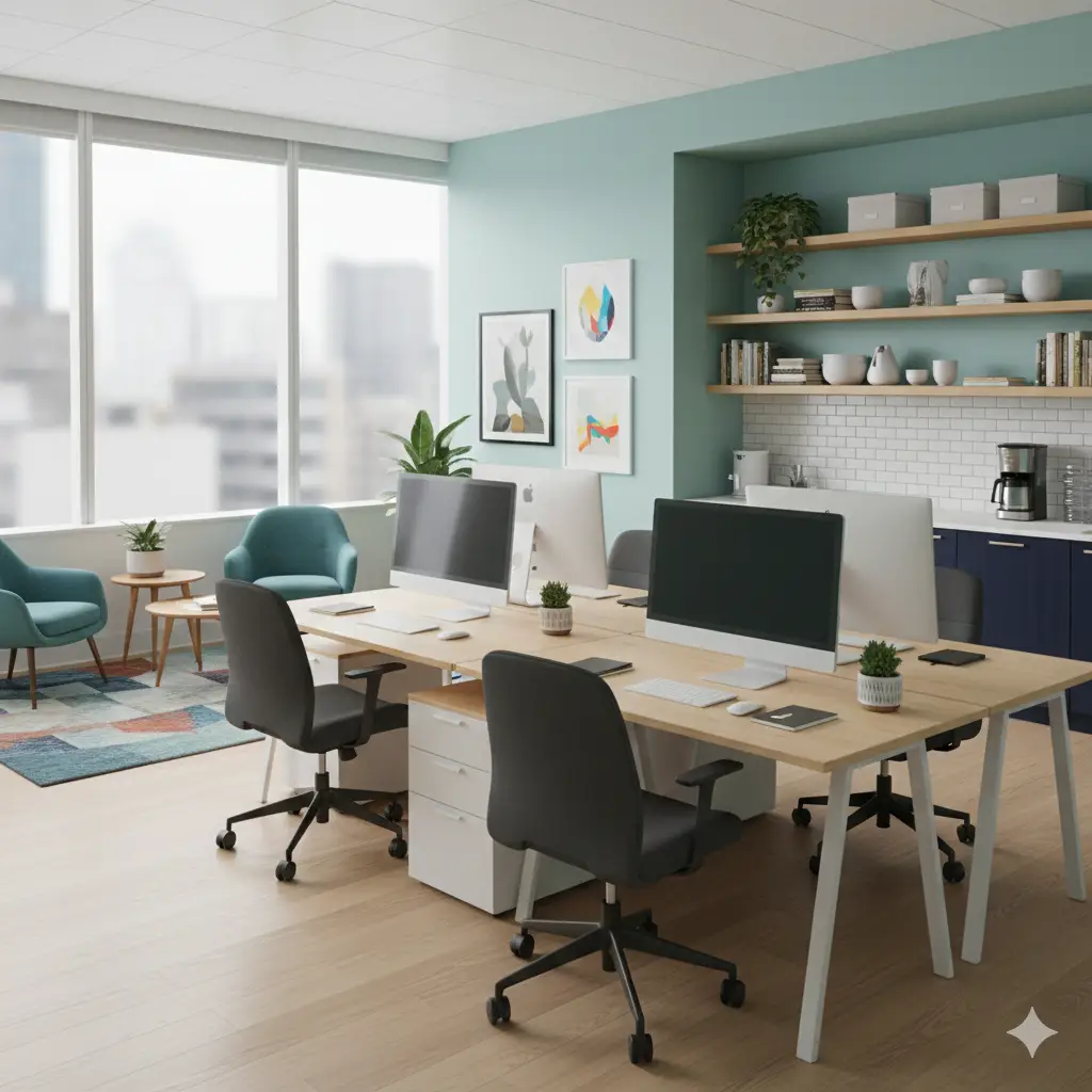 A tidy open-plan office with shared desks, monitors and a coffee bar