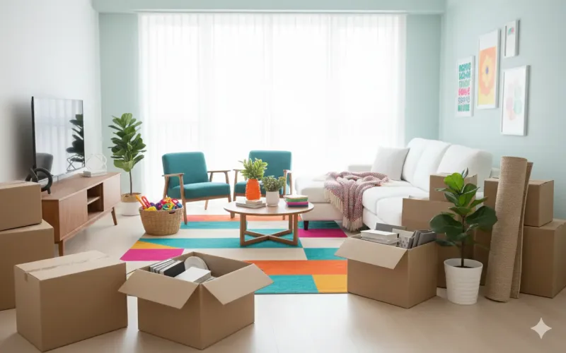 Moving boxes around a sofa and a bright rug in a living room