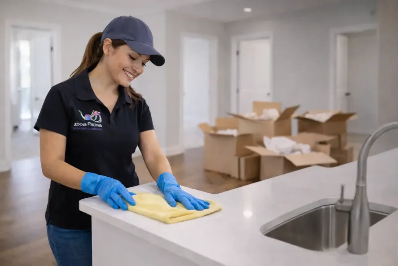 A cleaner wiping a kitchen counter in an empty home with moving boxes