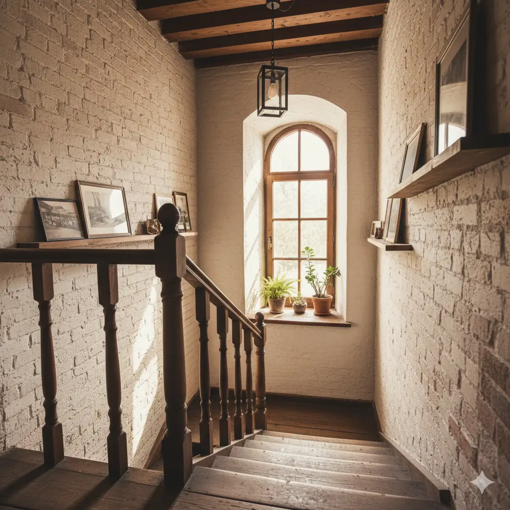 A wooden staircase between whitewashed brick walls, lit by an arched window
