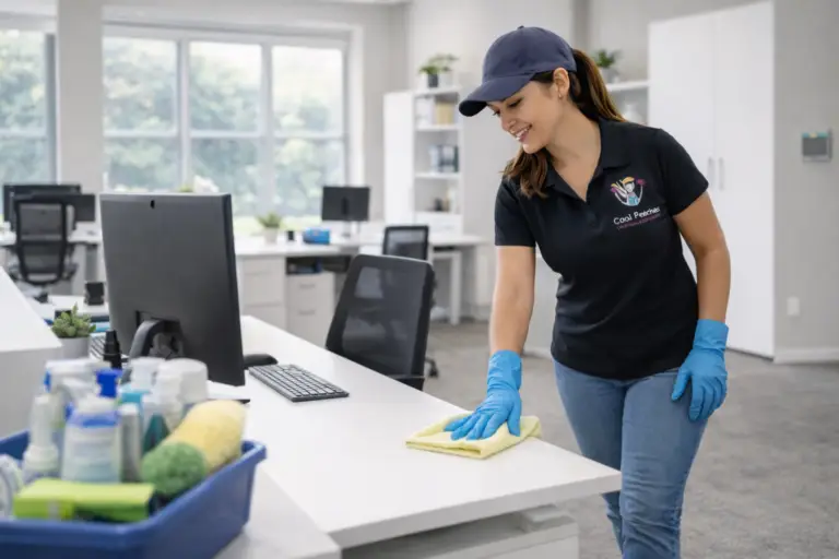 A cleaner in blue gloves wiping down a white office desk